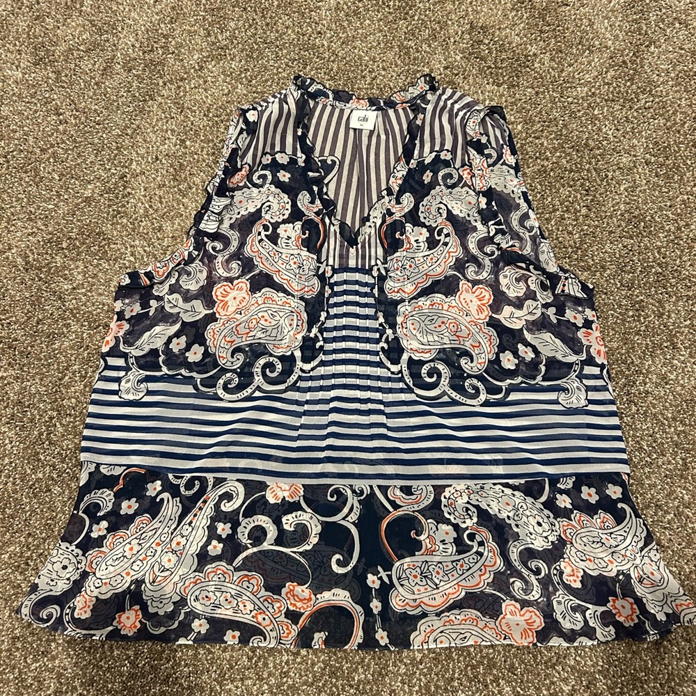 CAbi Navy and White Patterned Sleeveless Top